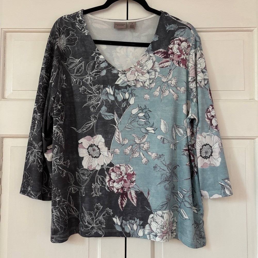 Chico's Size 3 Floral Artsy Top Blouse V-Neck 3/4 Sleeve‎ Colorblock Chicos XL